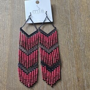 Bold, Red Beaded Chevron Style Drop Earrings